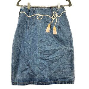 Vintage Dagmar Ertinger Jean Pencil Skirt Size 27 or 4 Tassel Embroidered Denim